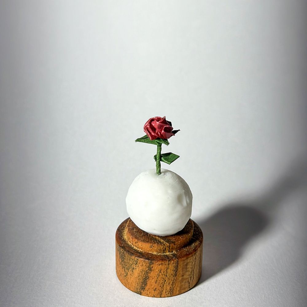 Rosa del Principito miniatura en origami con cúpula de vidrio y base de madera de Teca - Plicatorius Colombia.